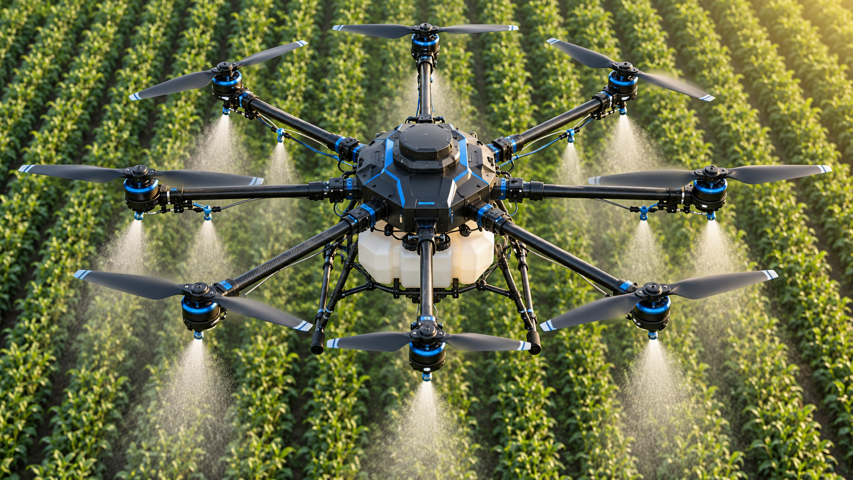 Concepto de octocóptero utilitario de ocho rotores para fumigación agrícola