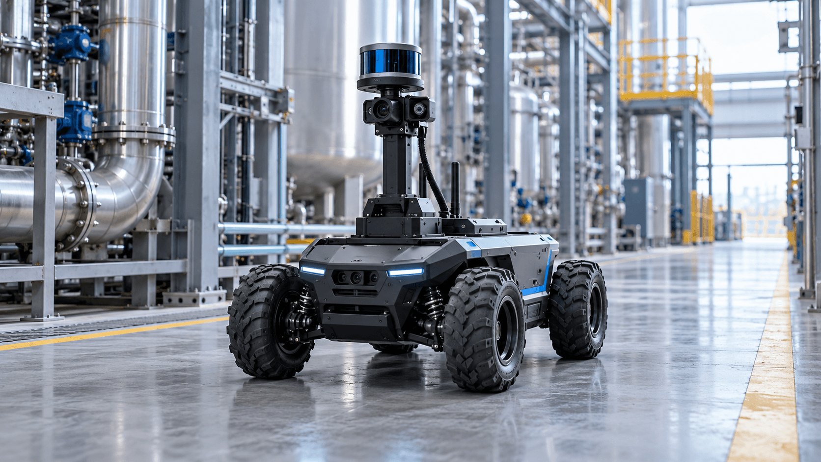 Concepto de dron terrestre UGV para supervisión industrial y logística